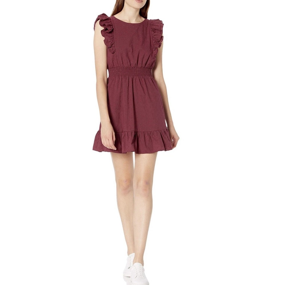 BB DAKOTA Junior's Smock Break Jacquard Dot Dress, Bordeaux Cotton Large New $98